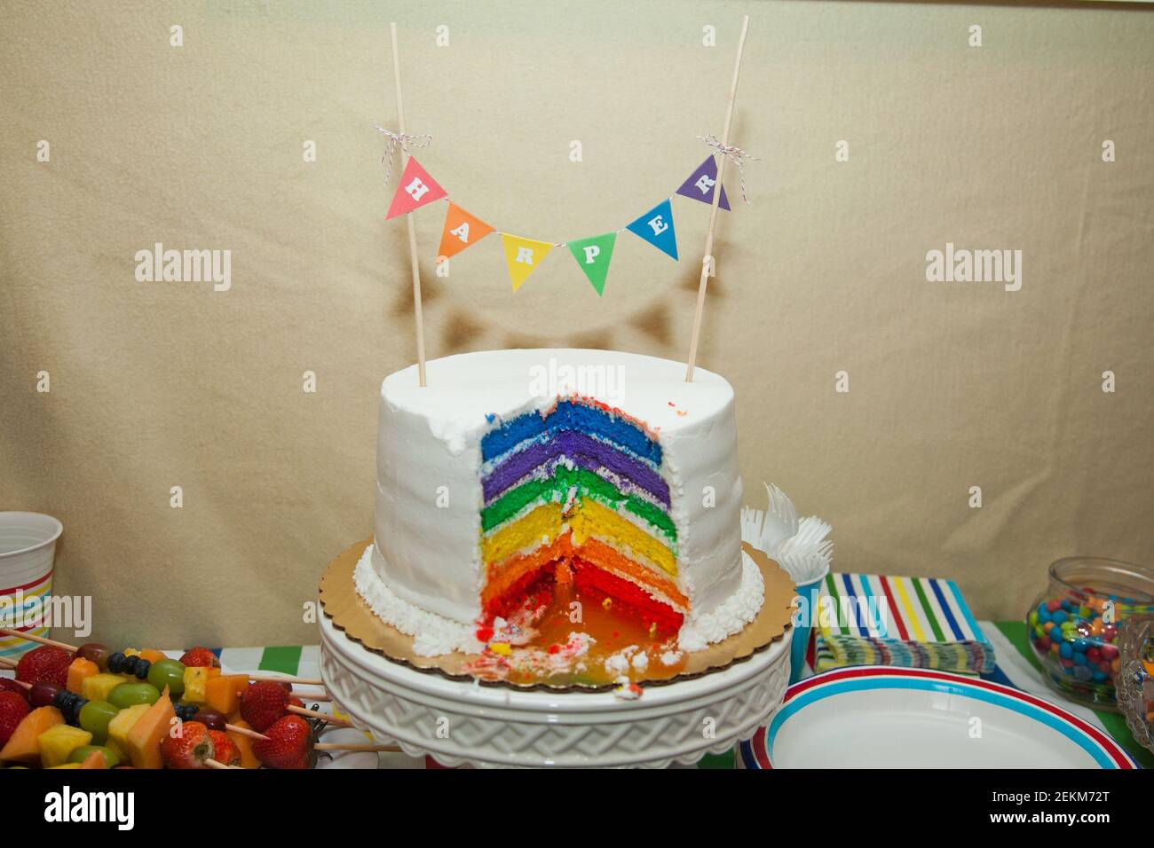 A colorful rainbow layered birthday cake with white icing and a ...