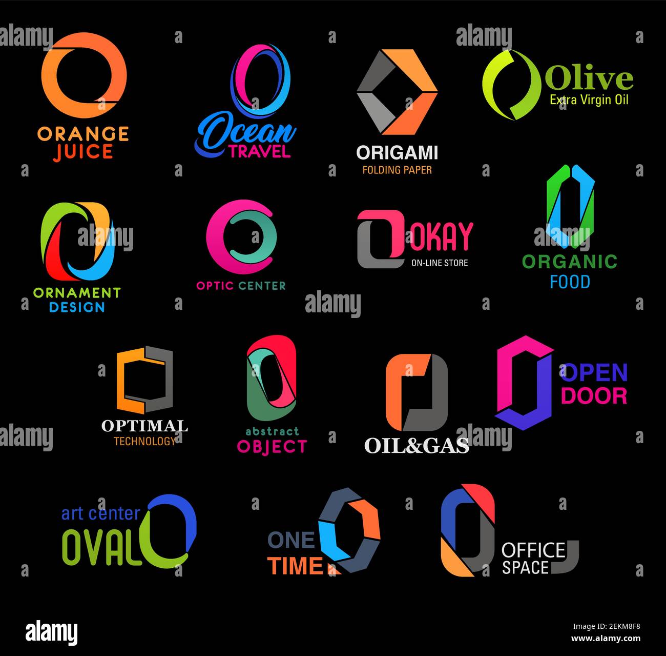 O letter icons of food, oil and gas production industry, design studio