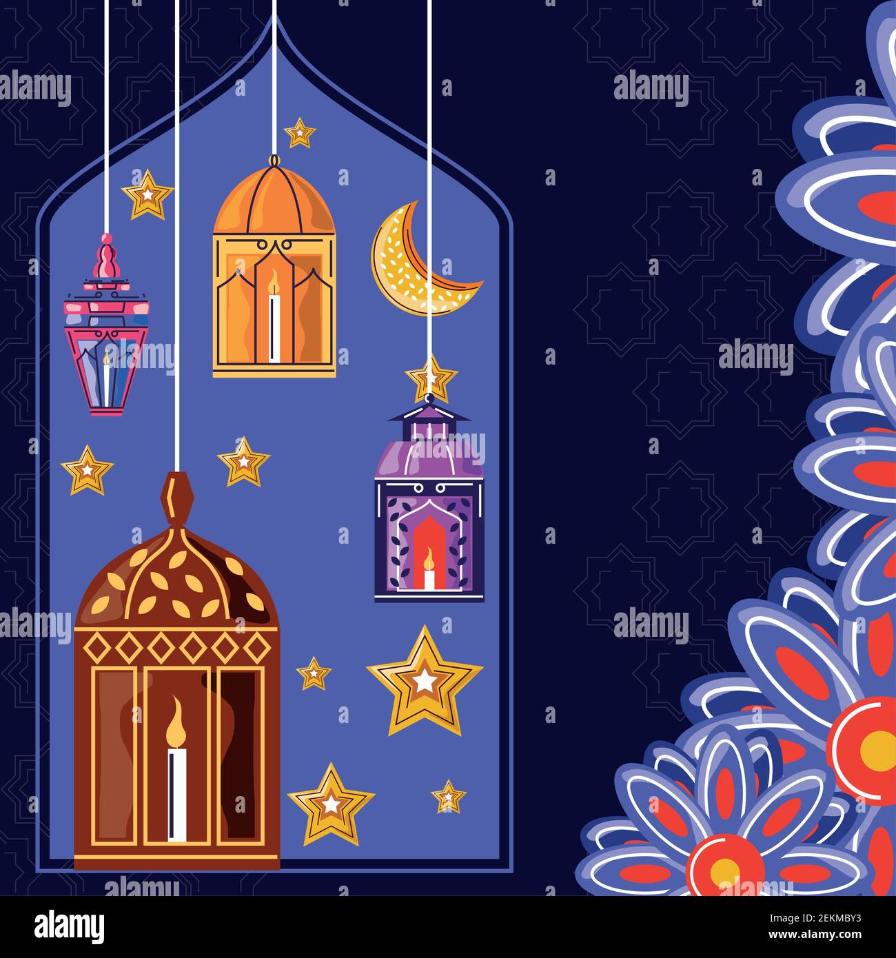 ramadan lanterns with burning candles moon flowers decoration vector