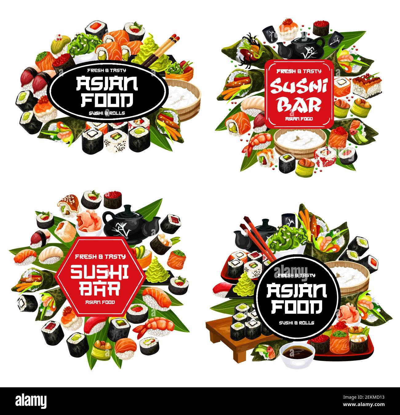 Isolated sushi and roll food, Japanese cuisine meal. Vector maki and ...