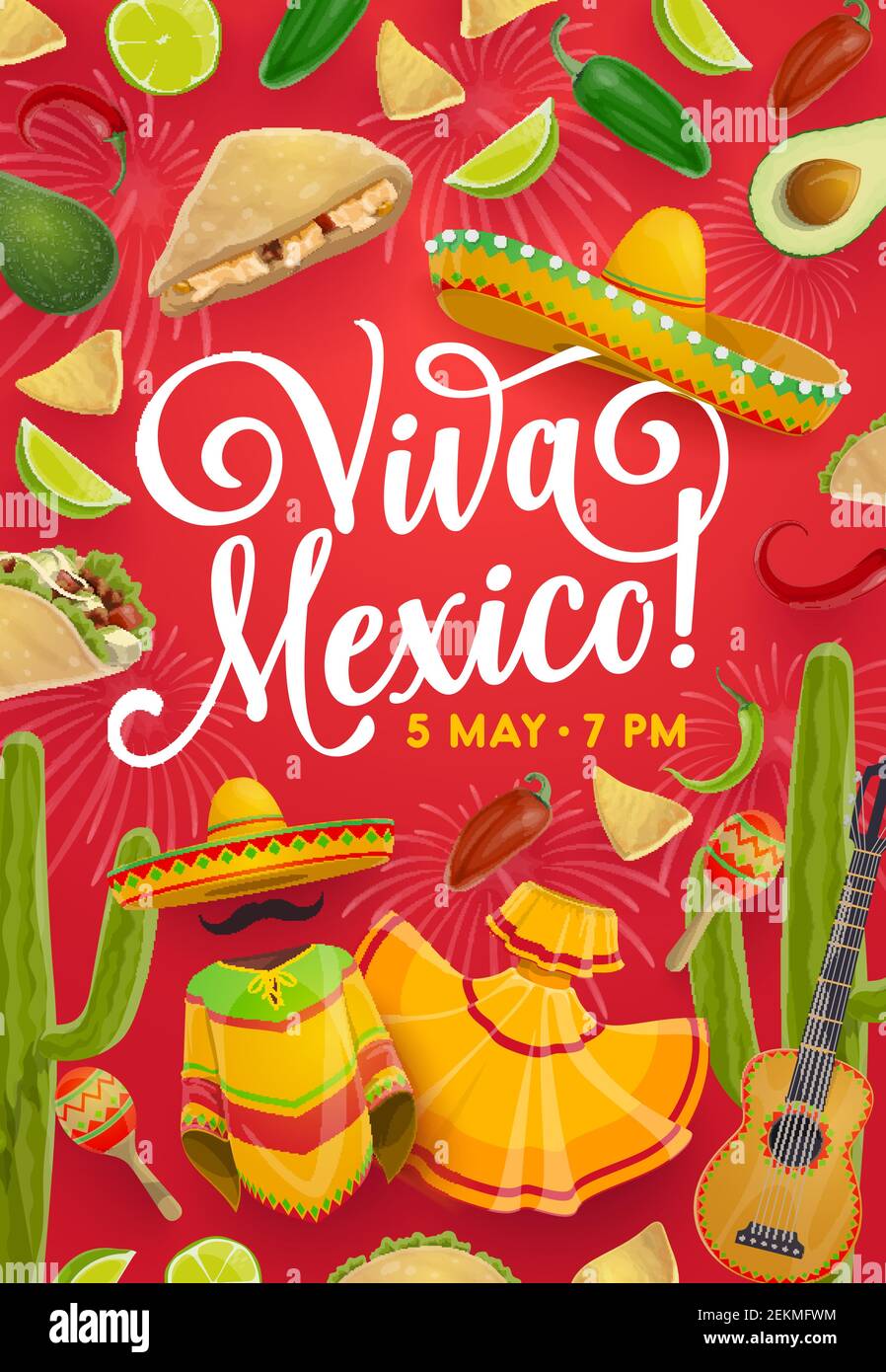Viva Mexico fiesta party invitation with guitar, sombrero and cactus of ...