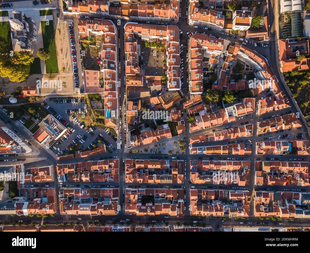 Aerial top down view of traditional residential neighbourhood at sunrise in the Belem District of Lisbon, Portugal. Stock Photo