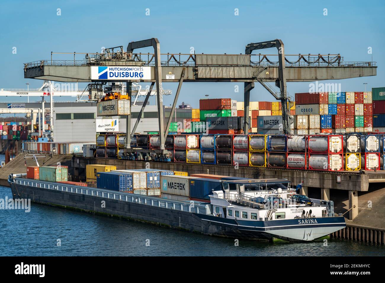Port of Duisburg Ruhrort, container cargo ship being loaded and ...