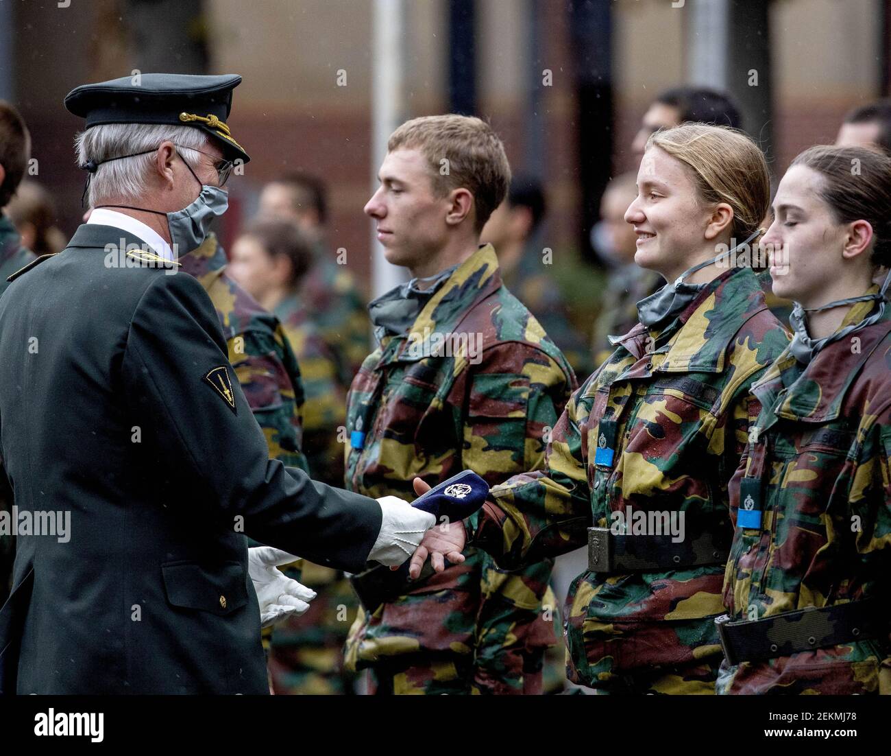25-09-2020 Brussels King Philippe - Filip of Belgium and Crown Princess  Elisabeth pictured during the Blue Berets parade during which the  first-year students of the Royal Military Academy, who successfully  completed the