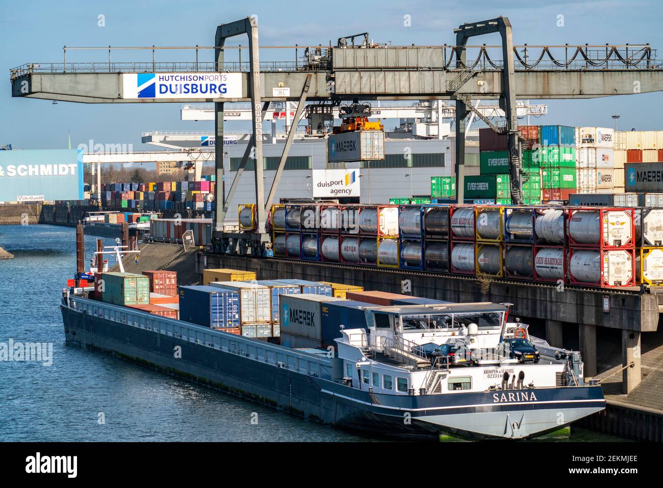 Port of Duisburg Ruhrort, container cargo ship being loaded and ...