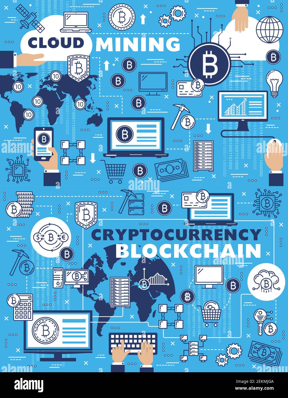 Cloud mining, blockchain and Bitcoin cryptocurrency payments, vector ...