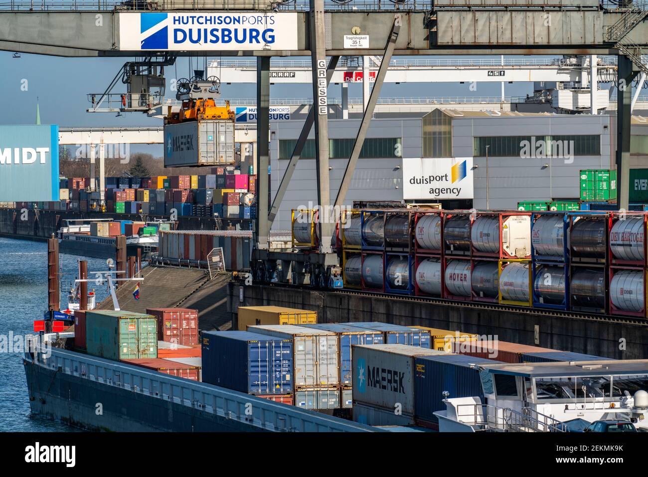 Port of Duisburg Ruhrort, container cargo ship being loaded and ...