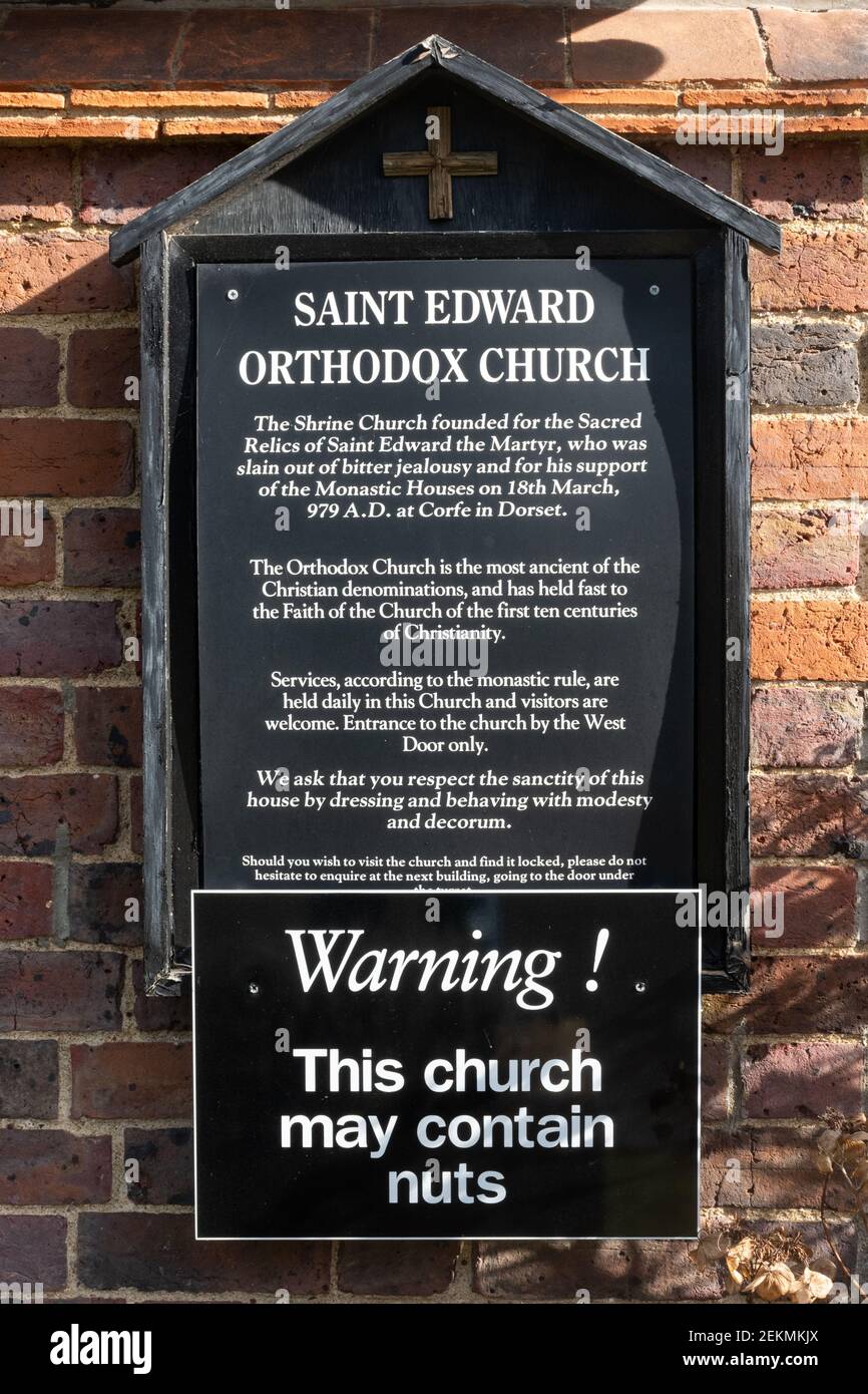 Saint Edward Orthodox Church at Brookwood Cemetery in Surrey, England, UK. Information board outside the church. Stock Photo
