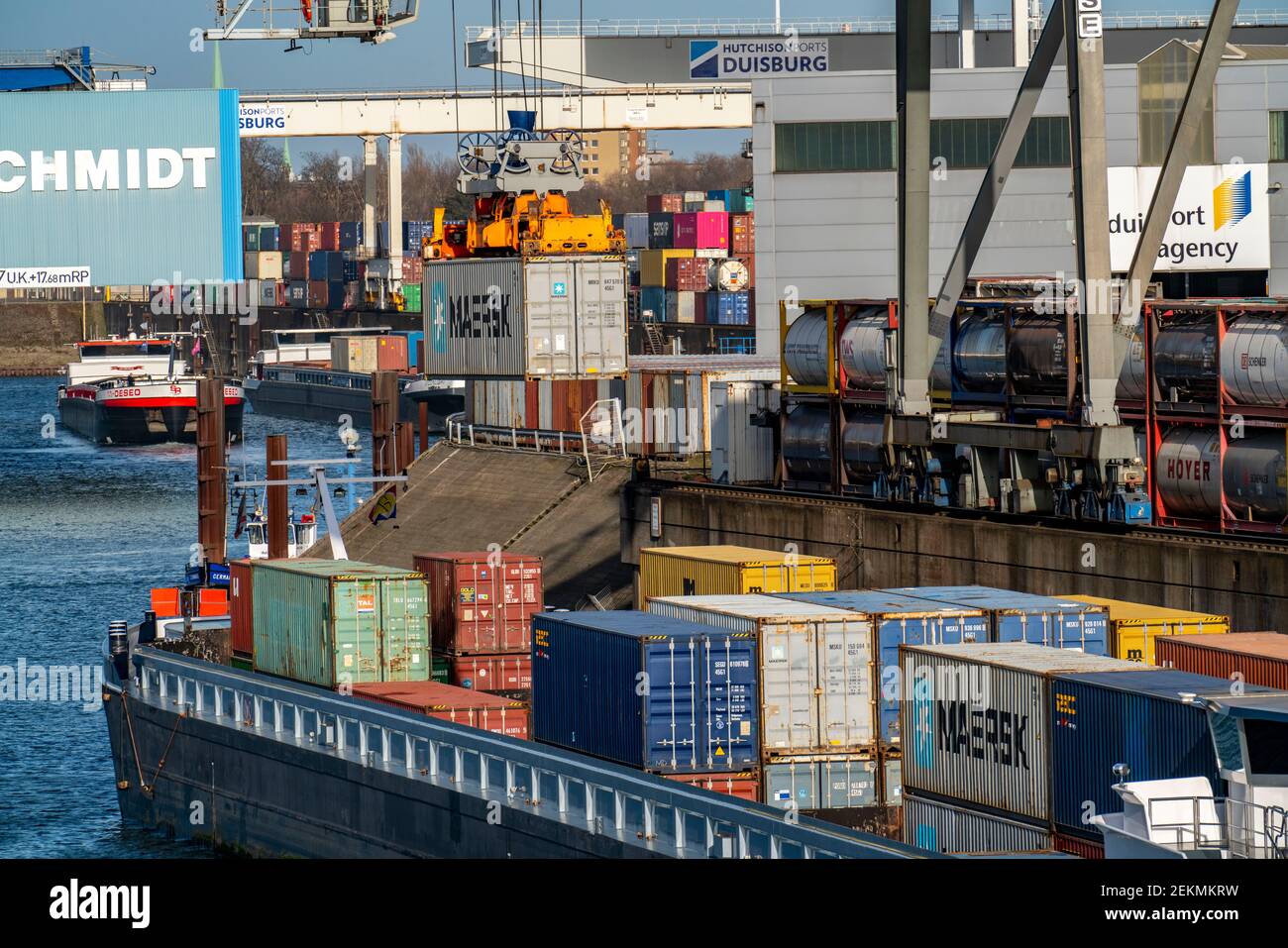 Port of Duisburg Ruhrort, container cargo ship being loaded and ...