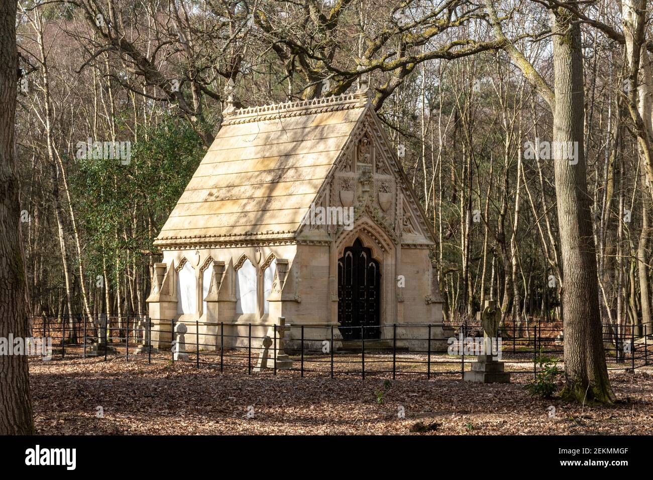 The Colquhoun Family Mausoleum constructed with bath stone completed in 1858 in woodland at Brookwood Cemetery, Surrey, England, UK Stock Photo