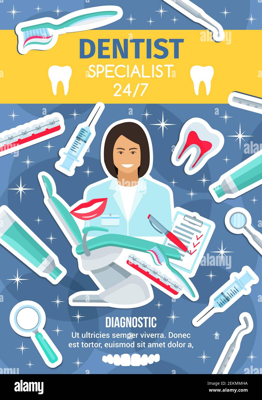 Dentist doctor and teeth treatment dental medicine clinic poster
