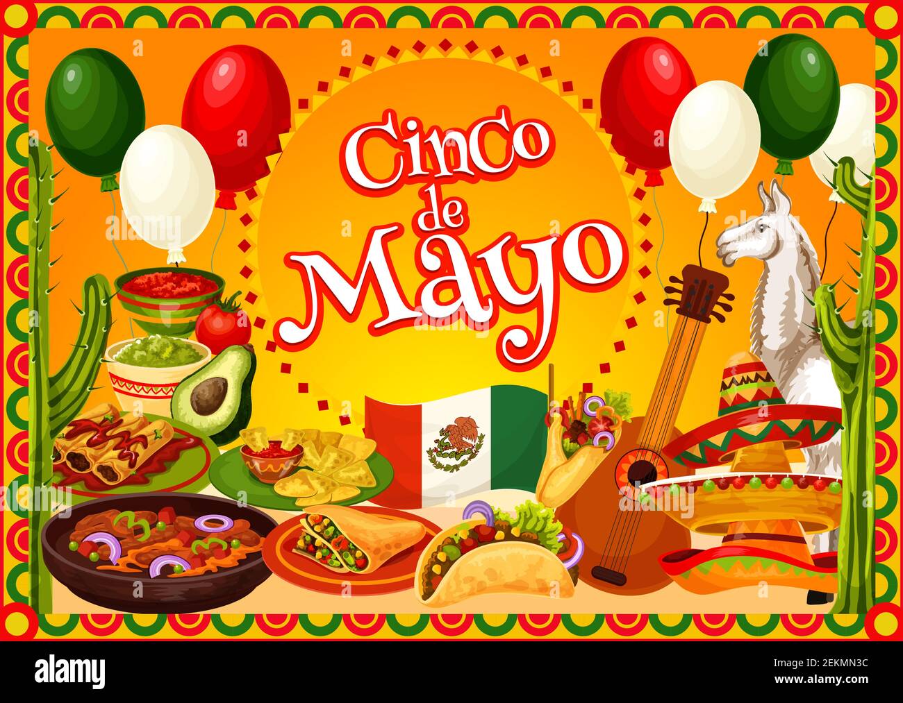 Cinco de Mayo Mexican fiesta party sombreros, guitar and cactus vector ...
