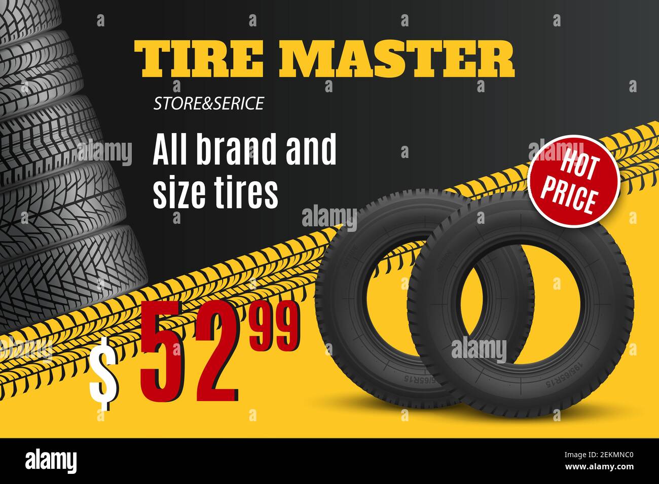 Tire shop vector banner of car wheel tyres with tread track and sale price  offer. Tire shop, spare parts and auto service discount promotion design  Stock Vector Image & Art - Alamy