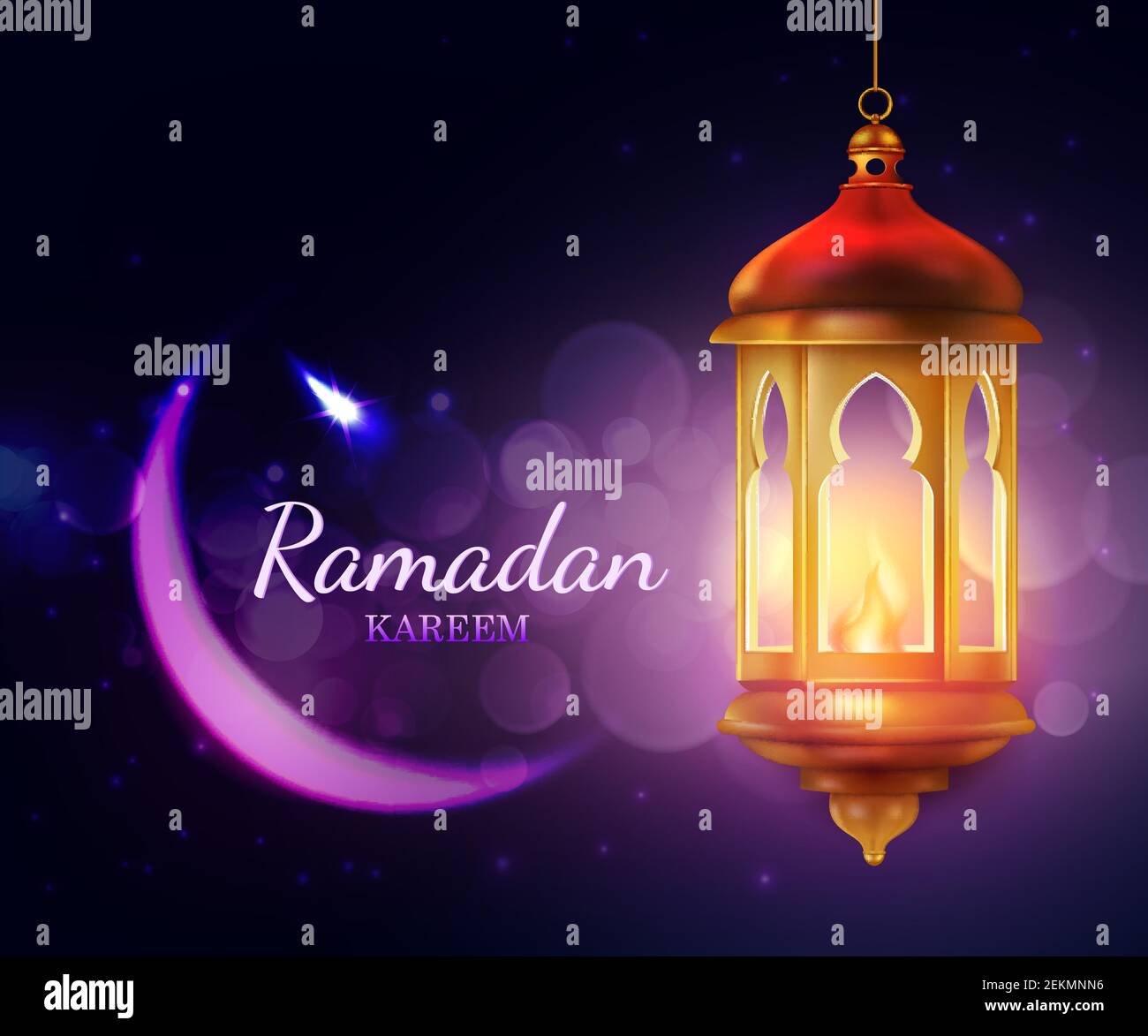 Ramadan Kareem lantern, Islam religion festival Eid 3d vector greeting  card. Crescent moon with arab golden lamp, decorated by stars and sparkles.  Mus Stock Vector Image & Art - Alamy