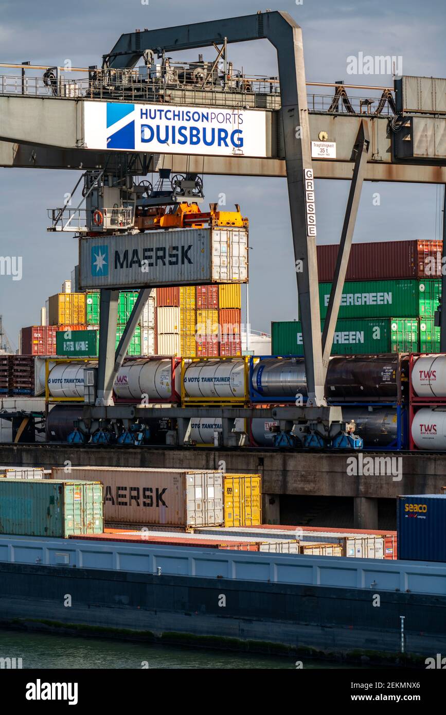 Port of Duisburg Ruhrort, container cargo ship being loaded and ...