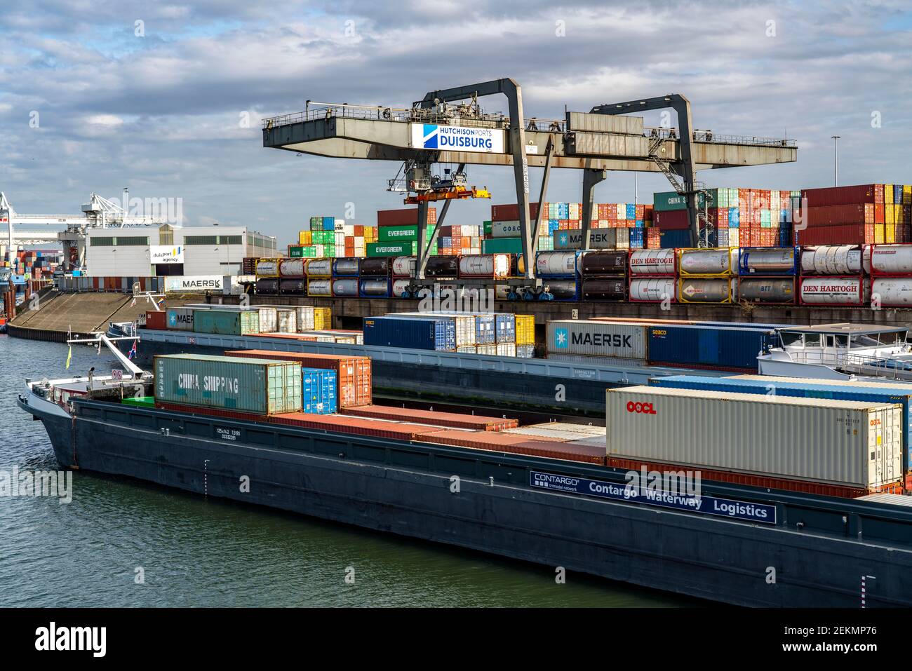 Port of Duisburg Ruhrort, container cargo ship being loaded and ...