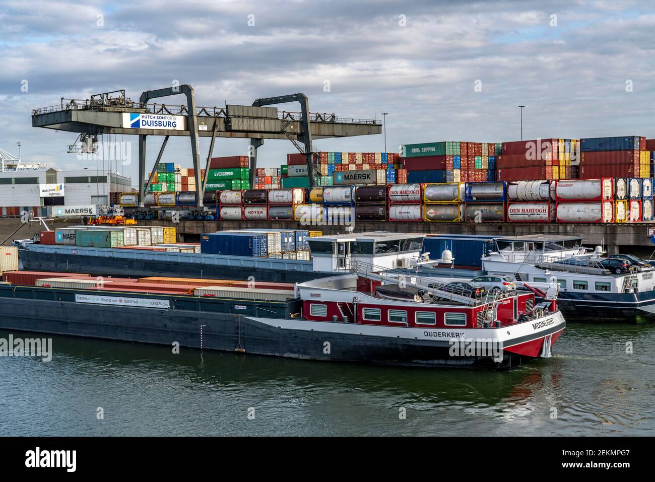 Port of Duisburg Ruhrort, container cargo ship being loaded and ...