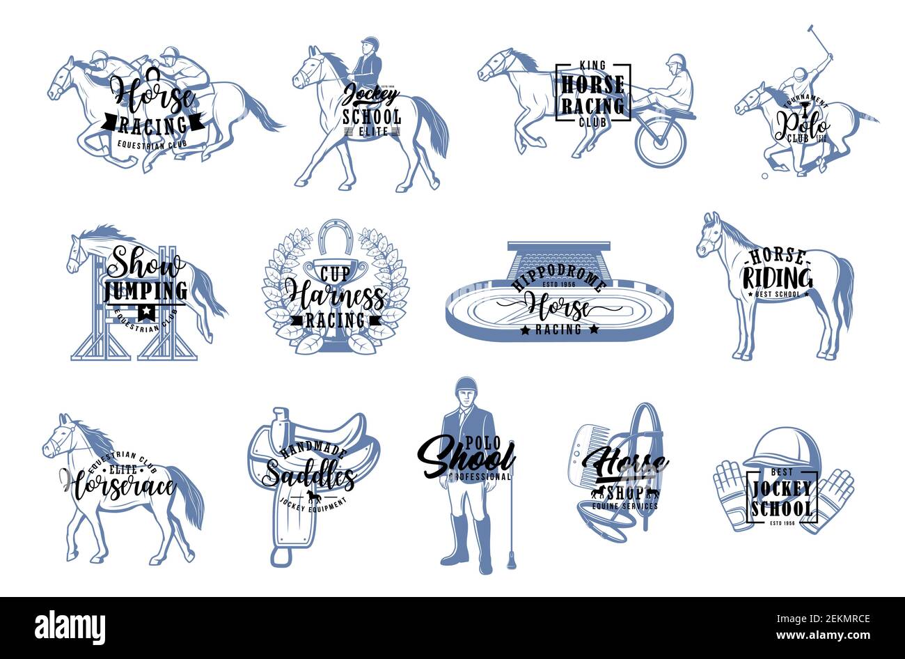 Horse racing and jockey school isolated monochrome logos. Vector