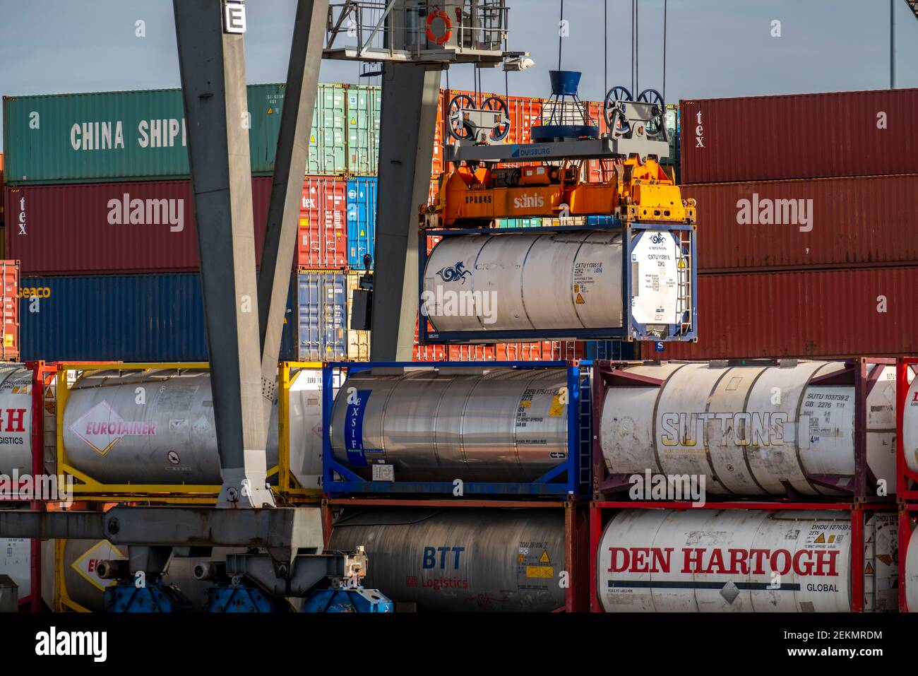 Port of Duisburg Ruhrort, container cargo ship being loaded and ...