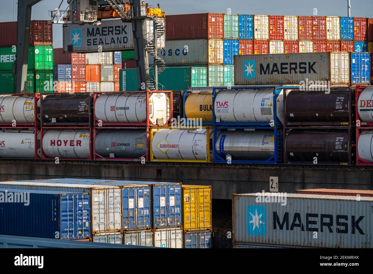 Port of Duisburg Ruhrort, container cargo ship being loaded and ...