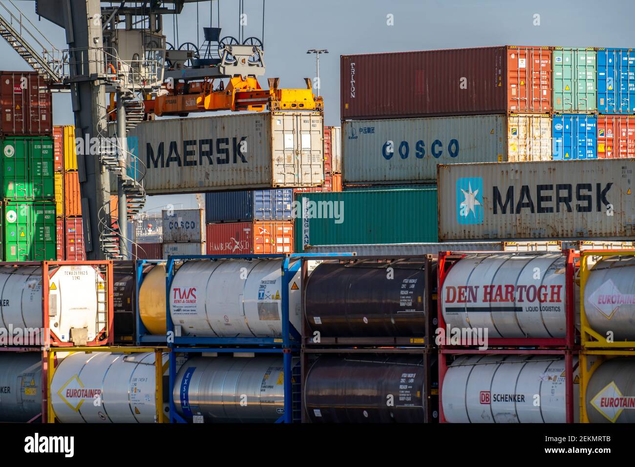 Port of Duisburg Ruhrort, container cargo ship being loaded and ...