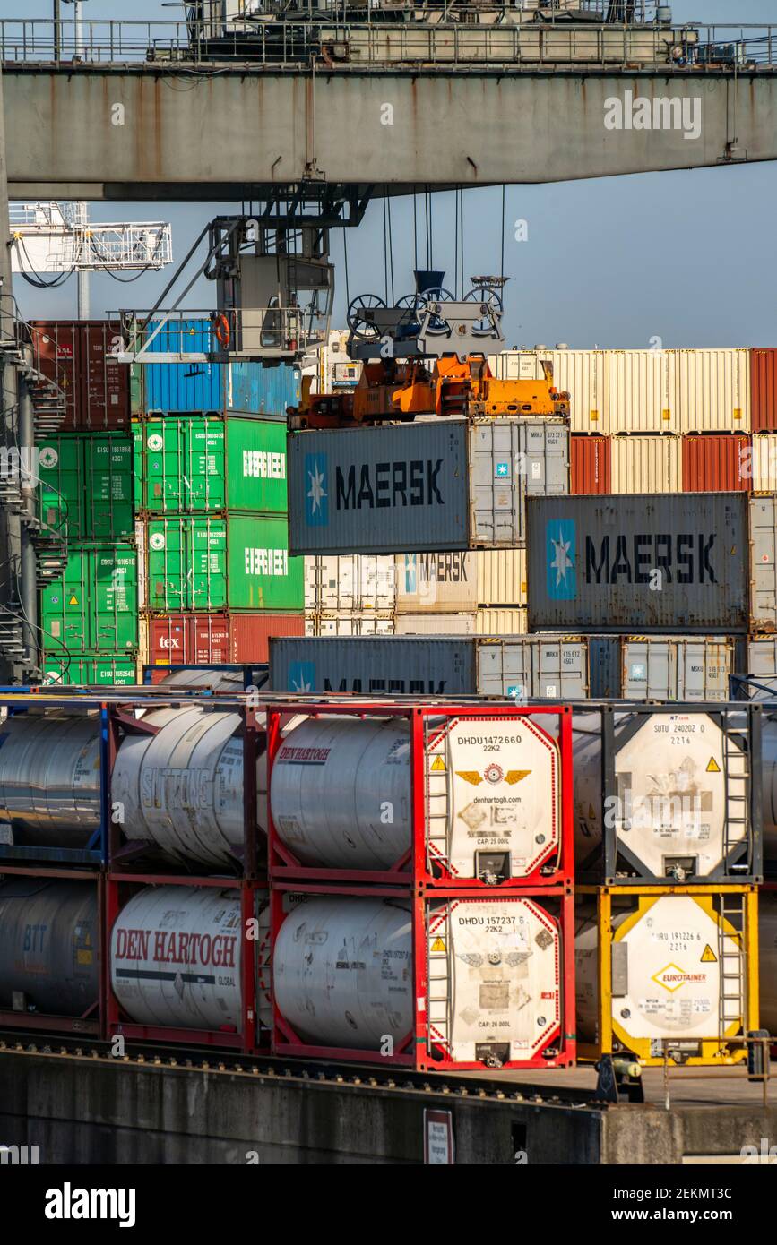 Port of Duisburg Ruhrort, container cargo ship being loaded and ...