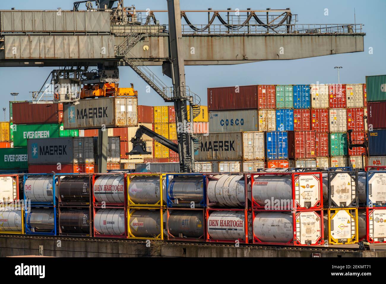 Port of Duisburg Ruhrort, container cargo ship being loaded and ...