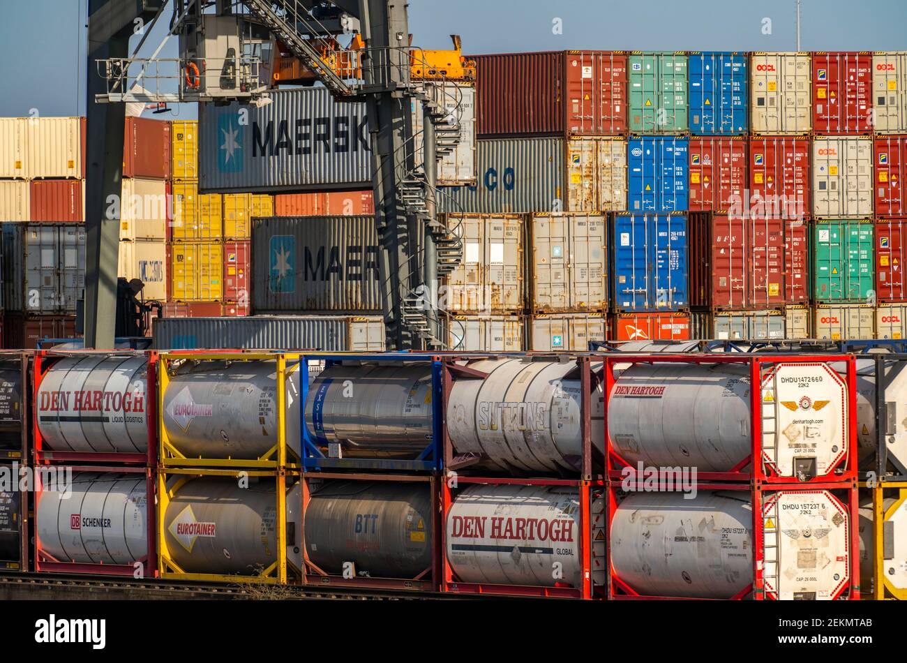 Port of Duisburg Ruhrort, container cargo ship being loaded and ...