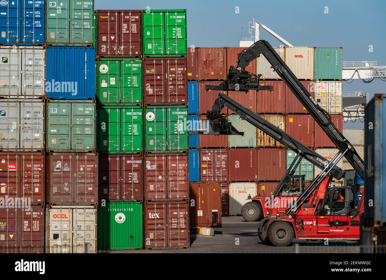 Port of Duisburg Ruhrort, container handling at DeCeTe, Duisburg Container Terminal, Duisport, Duisburger Hafen AG, Duisburg, NRW, Germany, Stock Photo