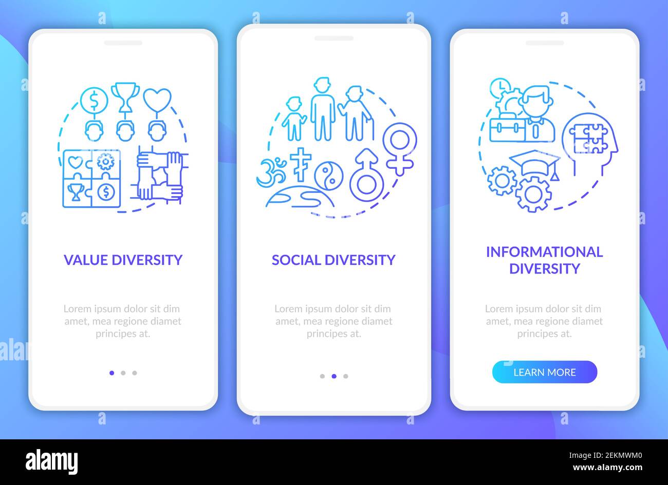 Top management diversity types onboarding mobile app page screen with concepts Stock Vector