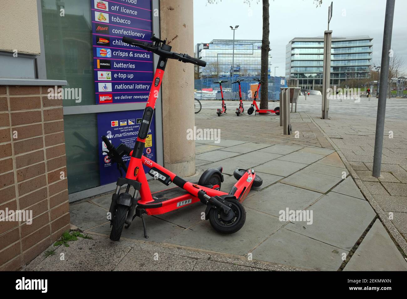 February 2021 Electric hire scooters dumped outside a convenience