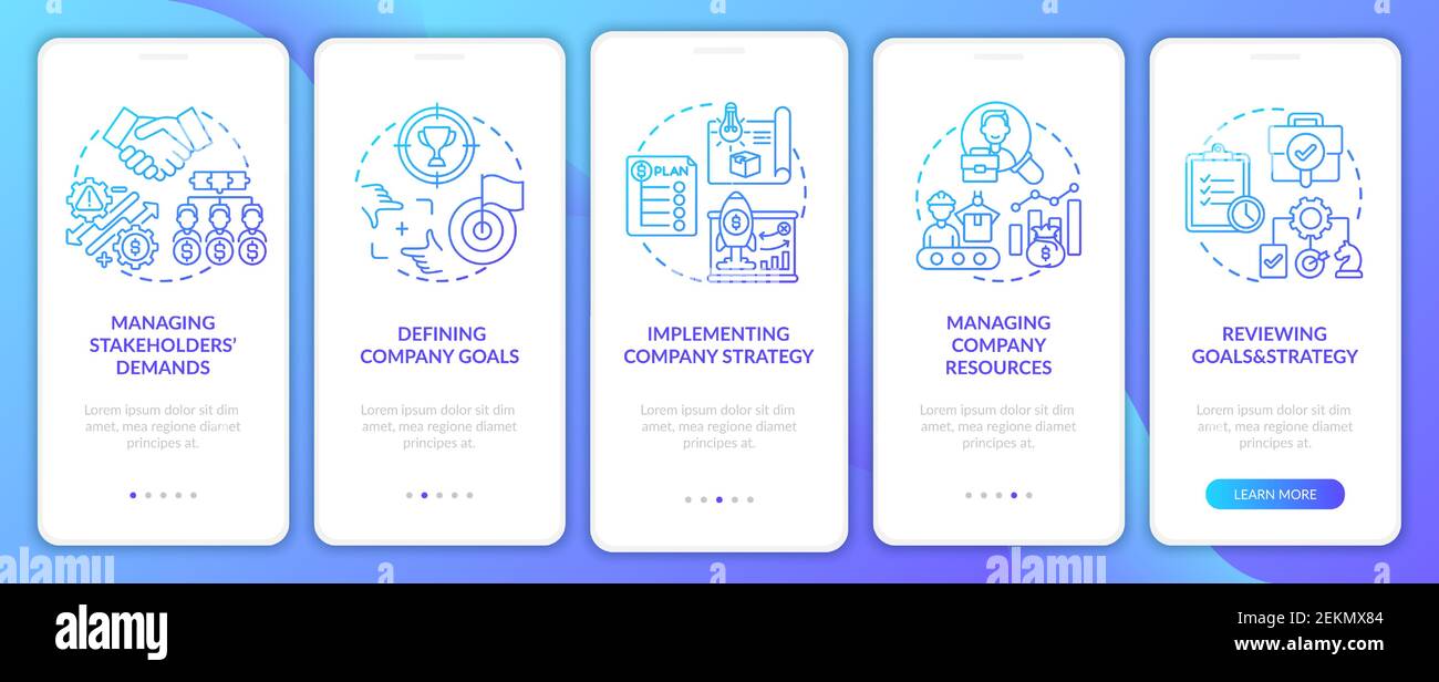 Top management tasks onboarding mobile app page screen with concepts Stock Vector