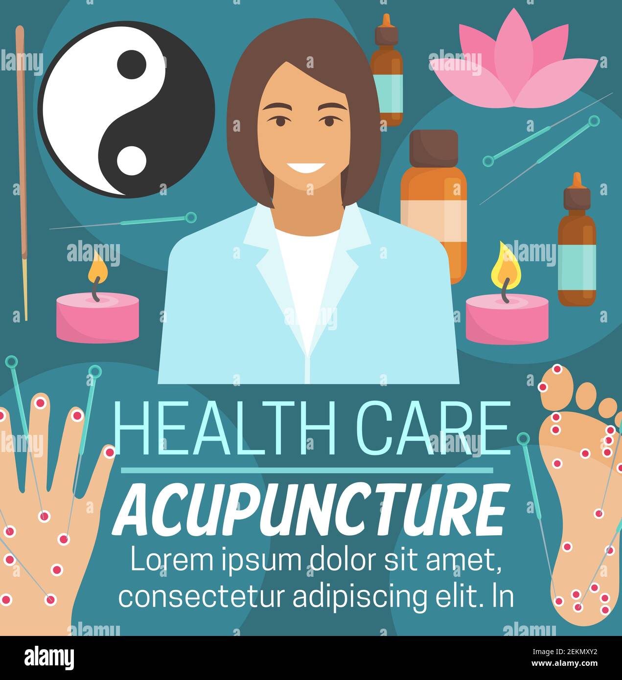 Acupuncture alternative medicine or Chinese traditional medical needle therapy. Vector acupuncture doctor with medical aromatherapy essential oils, ca Stock Vector