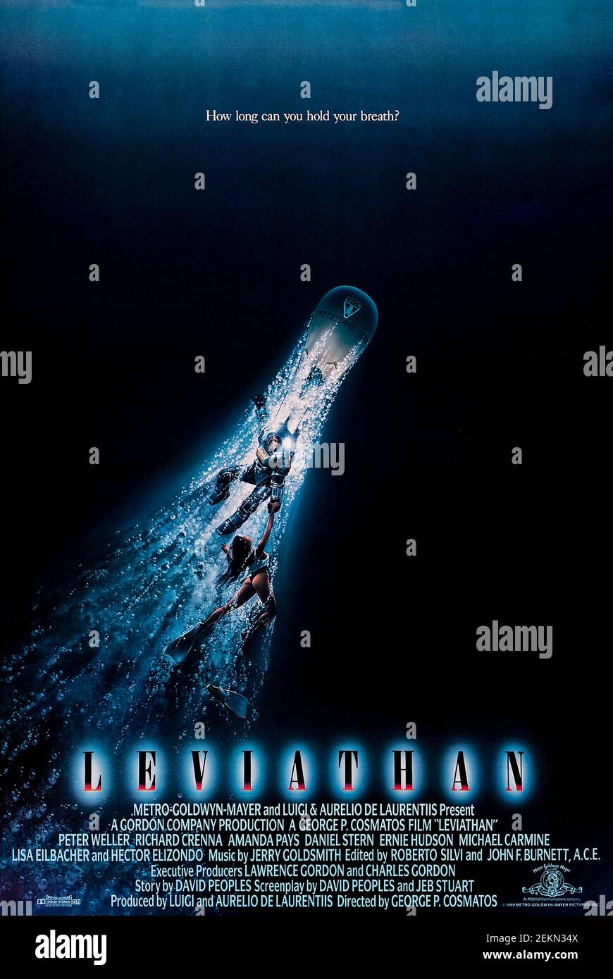 Leviathan (1989) directed by George P. Cosmatos and starring Peter Weller, Richard Crenna and Amanda Pays. An undersea miining operation encounters a Soviet wreck and discovers dangerous lifeform. Stock Photo
