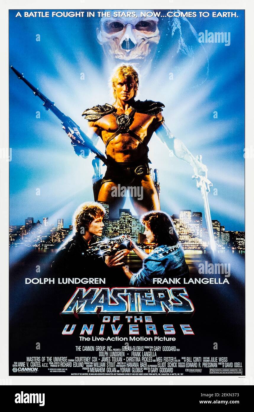 Masters of the Universe (1987) directed by Gary Goddard and starring Dolph Lundgren, Frank Langella and Meg Foster. Live action movie based on Mattel's wildly successful toy line, the heroic warrior He-Man battles against the evil lord Skeletor and his armies of darkness for control of Castle Grayskull. Stock Photo