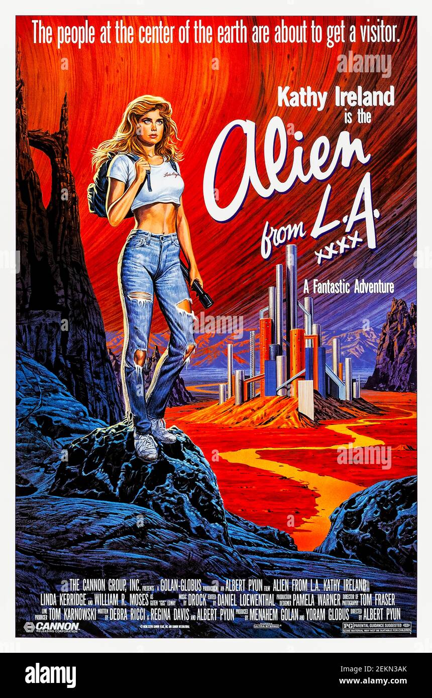 Alien from L.A. (1987) directed by Albert Pyun and starring Kathy Ireland, William R. Moses and Richard Haines. A nerdy teenage girl goes looking for her missing archaeologist father, and stumbles into a strange subterranean civilization. Stock Photo