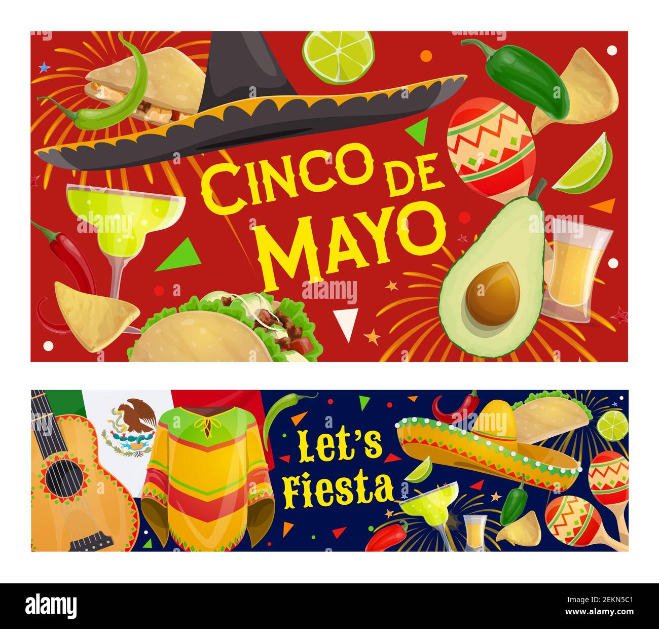 Mexican fiesta party sombrero and maracas vector banners of Cinco de ...