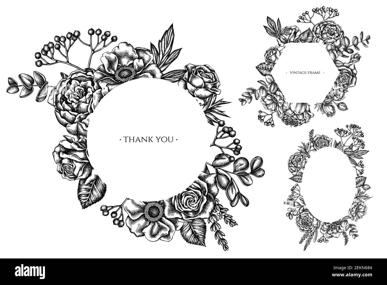 Floral frames with black and white roses, anemone, eucalyptus, lavender, peony, viburnum Stock Vector