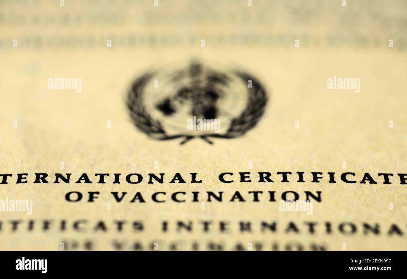International certificates of vaccination card record pass document detail of world health organization Stock Photo
