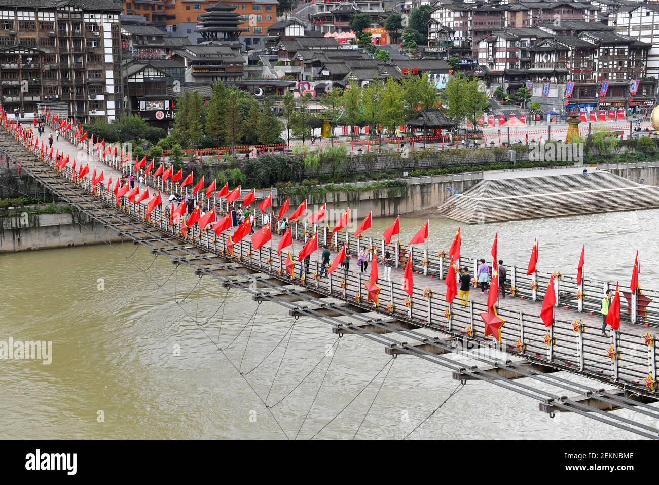 RENHUAI, CHINA - SEPTEMBER 29, 2020 - The two sides of the Moutai Ferry railway bridge are decorated with red flags to celebrate the National Day. Renhuai City, Guizhou Province, China, 29 September 2020. (Photo by Chen Yong / Costfoto/Sipa USA) Stock Photo