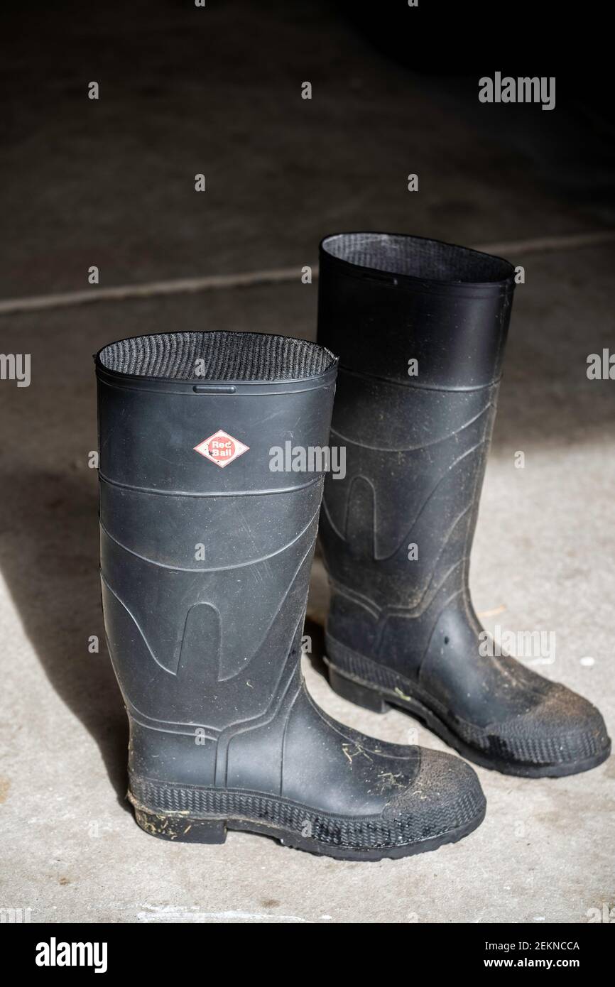 Red Ball boots, a brand of rubber boots no longer available in the U.S. These boots or Wellies are about 40 years old. Stock Photo