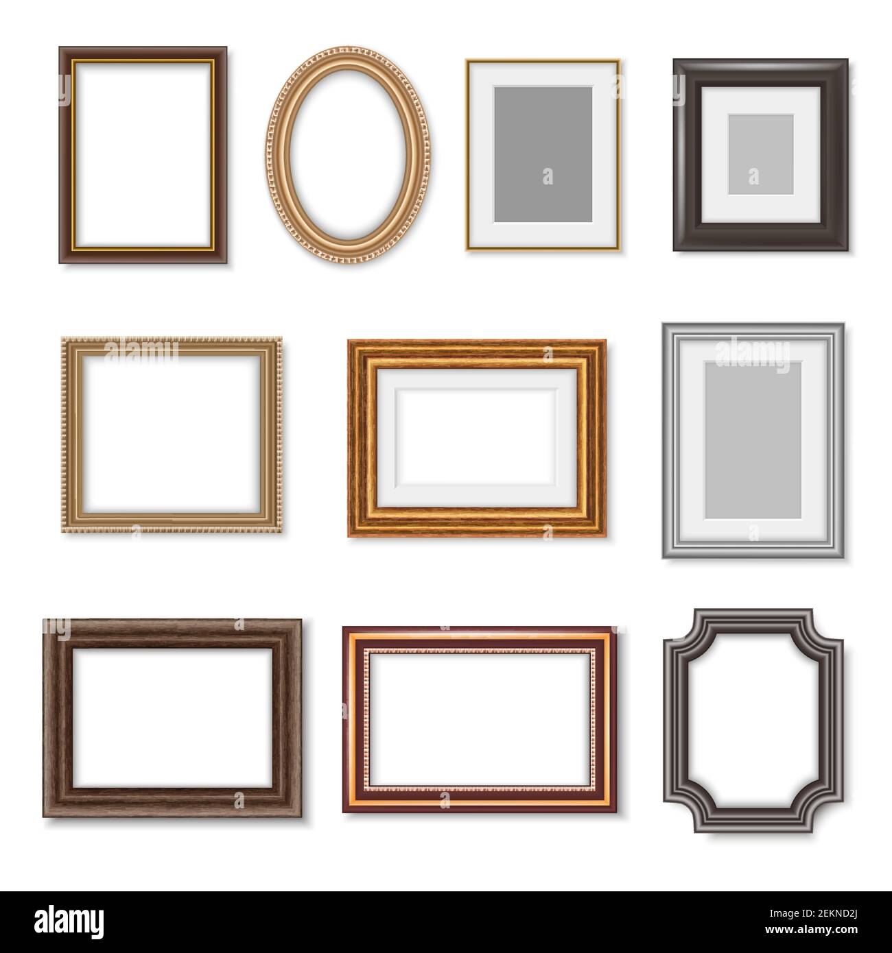 Photo frames and ornate picture borders isolated realistic set. Vector blank rectangular vintage