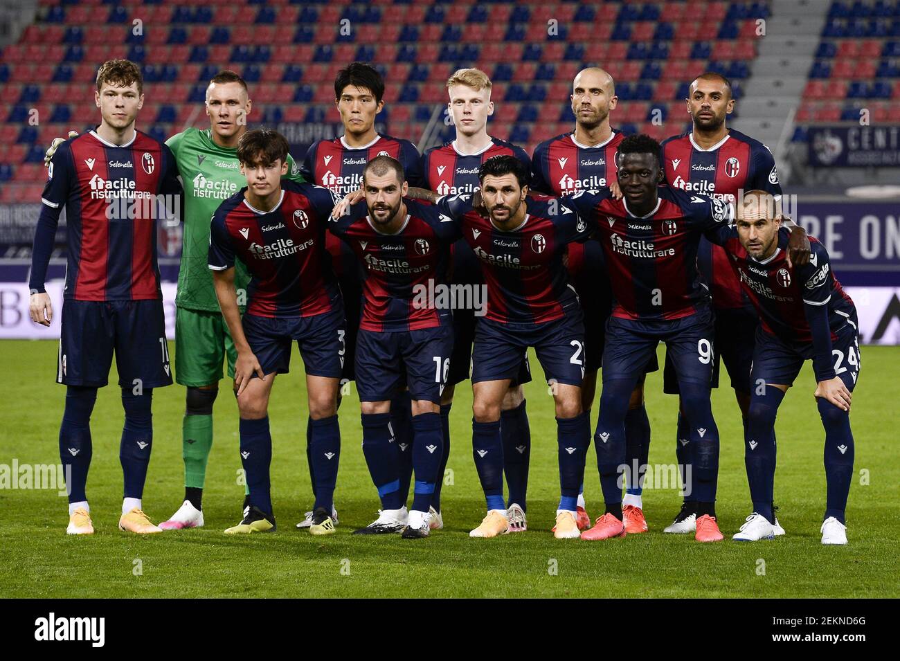 BOLOGNA, ITALY - September 28, 2020: Players of Bologna FC (Andreas Skov  Olsen, Lukasz Skorupski, Takehiro Tomiyasu, Jerdy Schouten, Lorenzo De  Silvestri, Danilo Larangeira, Aaron Hickey, Andrea Poli, Roberto Soriano,  Musa Barrow,