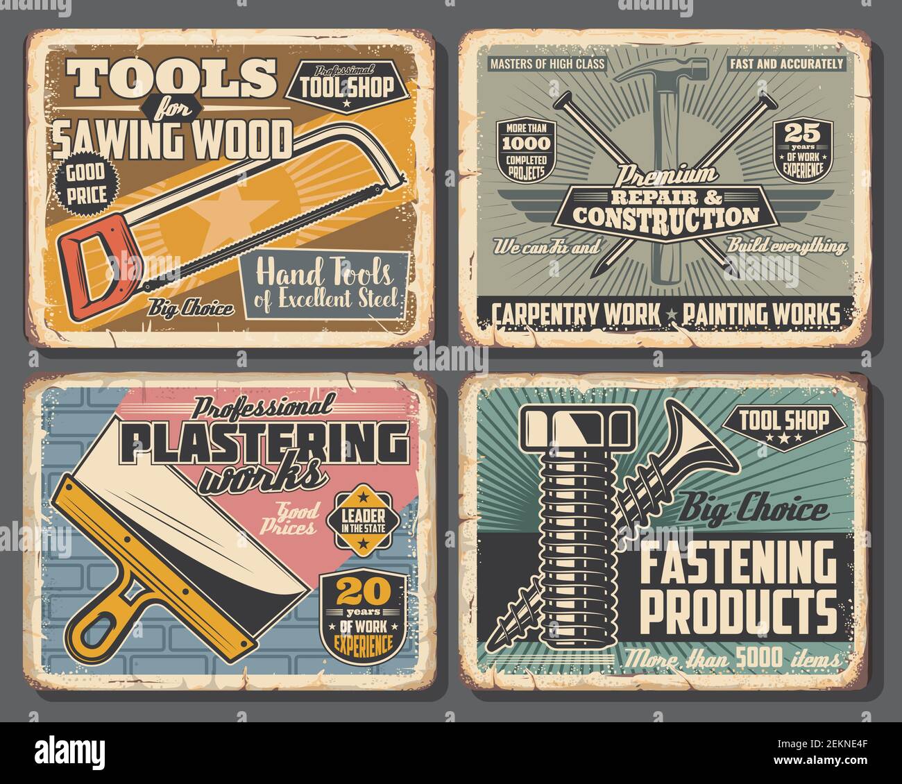 Vector fastening bolts and screws, plastering and woodwork handyman tools, hammers with nails and wood saw. Construction tools shop vintage posters, h Stock Vector