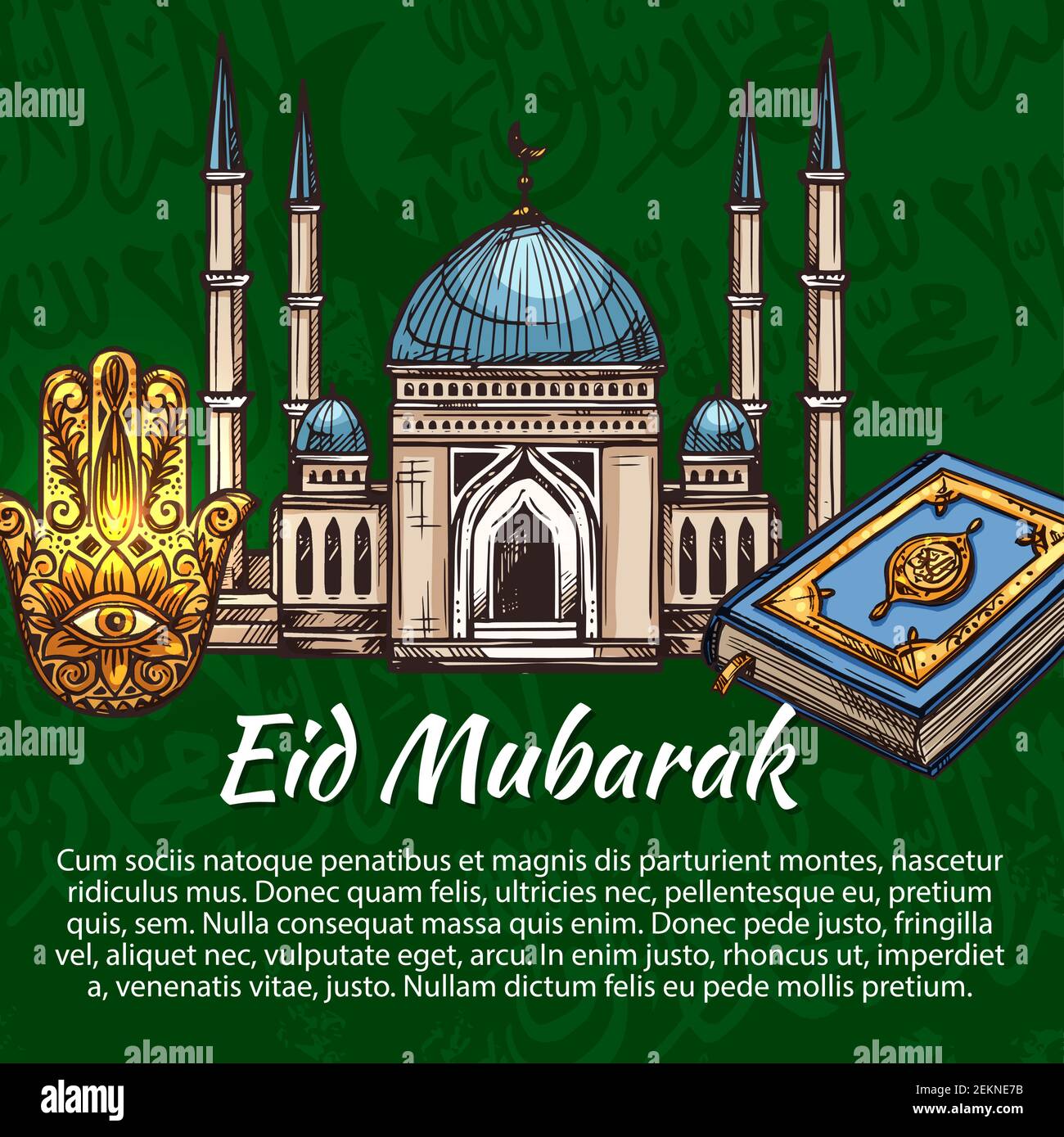 Eid Mubarak Muslim holidays poster. Vector Islamic religious symbols