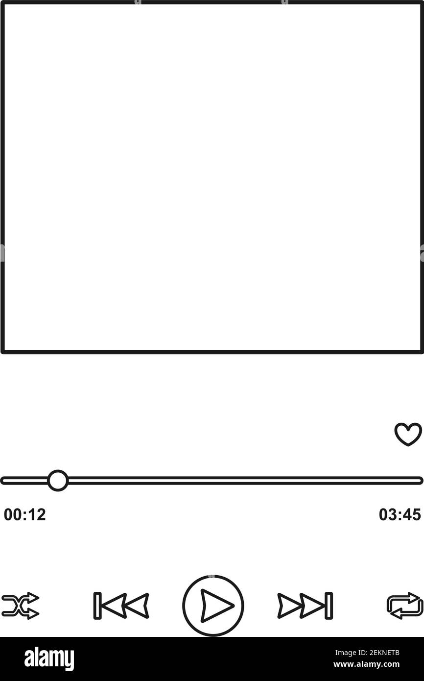 Audio controls for streaming music with blank album artwork and control buttons in outline ...