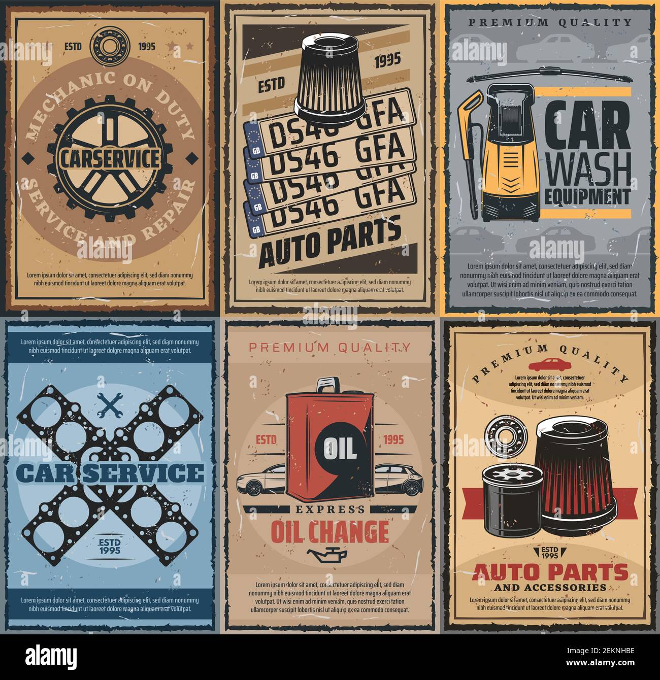 Car washing service, engine oil change and spare parts store. Vector