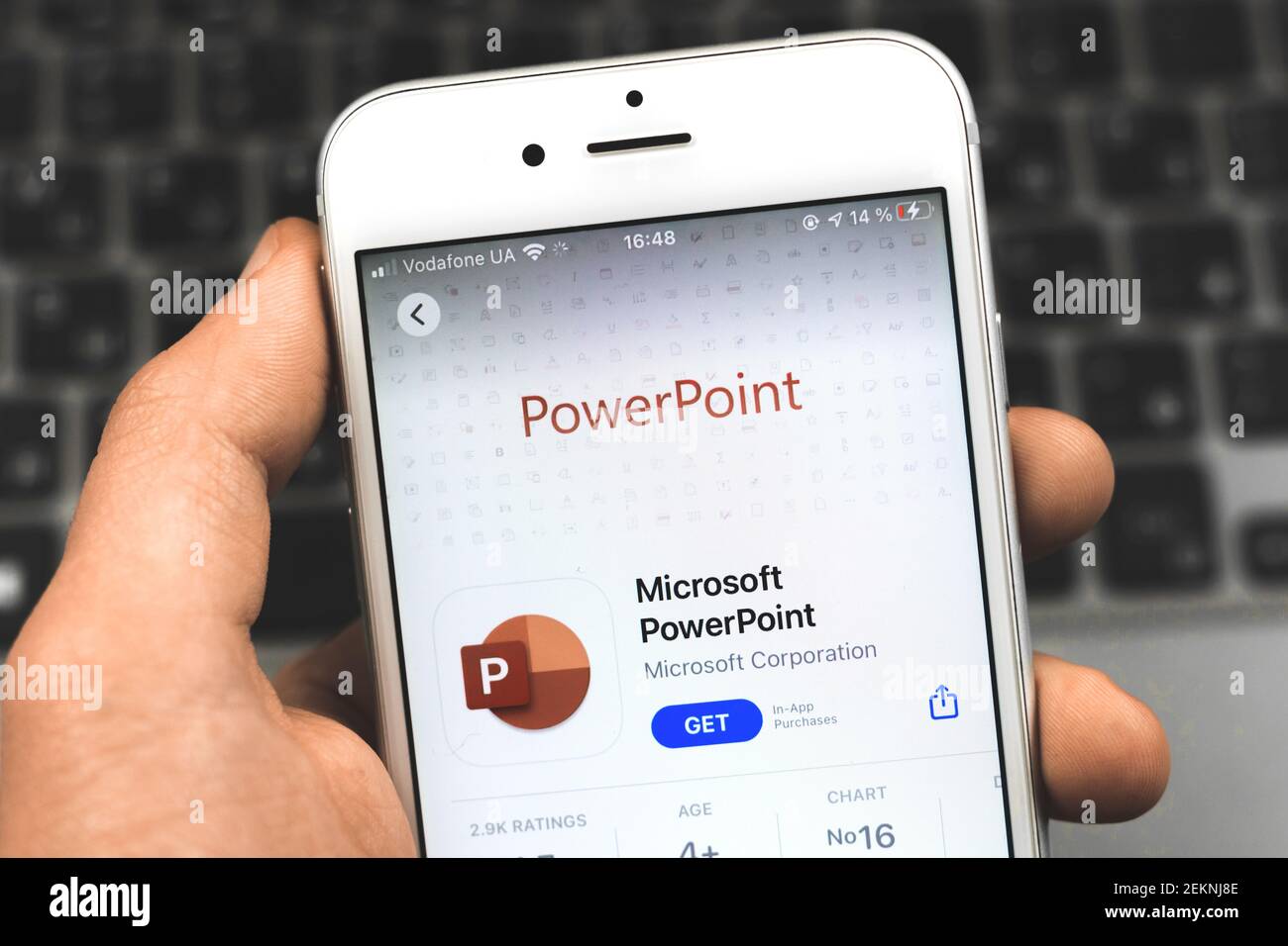 Kharkov, Ukraine - February 22, 2021: Microsoft office Powerpoint application icon on Apple iPhone screen, close up photo Stock Photo