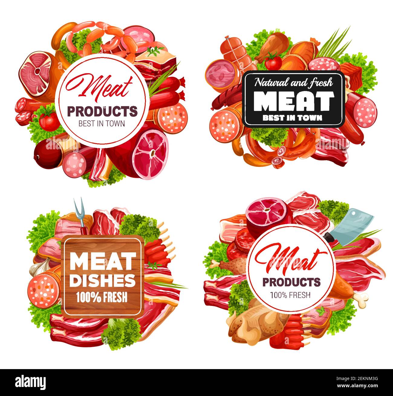 Butcher shop meat and sausages, butchery food products and gourmet delicatessen. Vector pork, beef meat and mutton ribs, steak sirloin, barbecue brisk Stock Vector