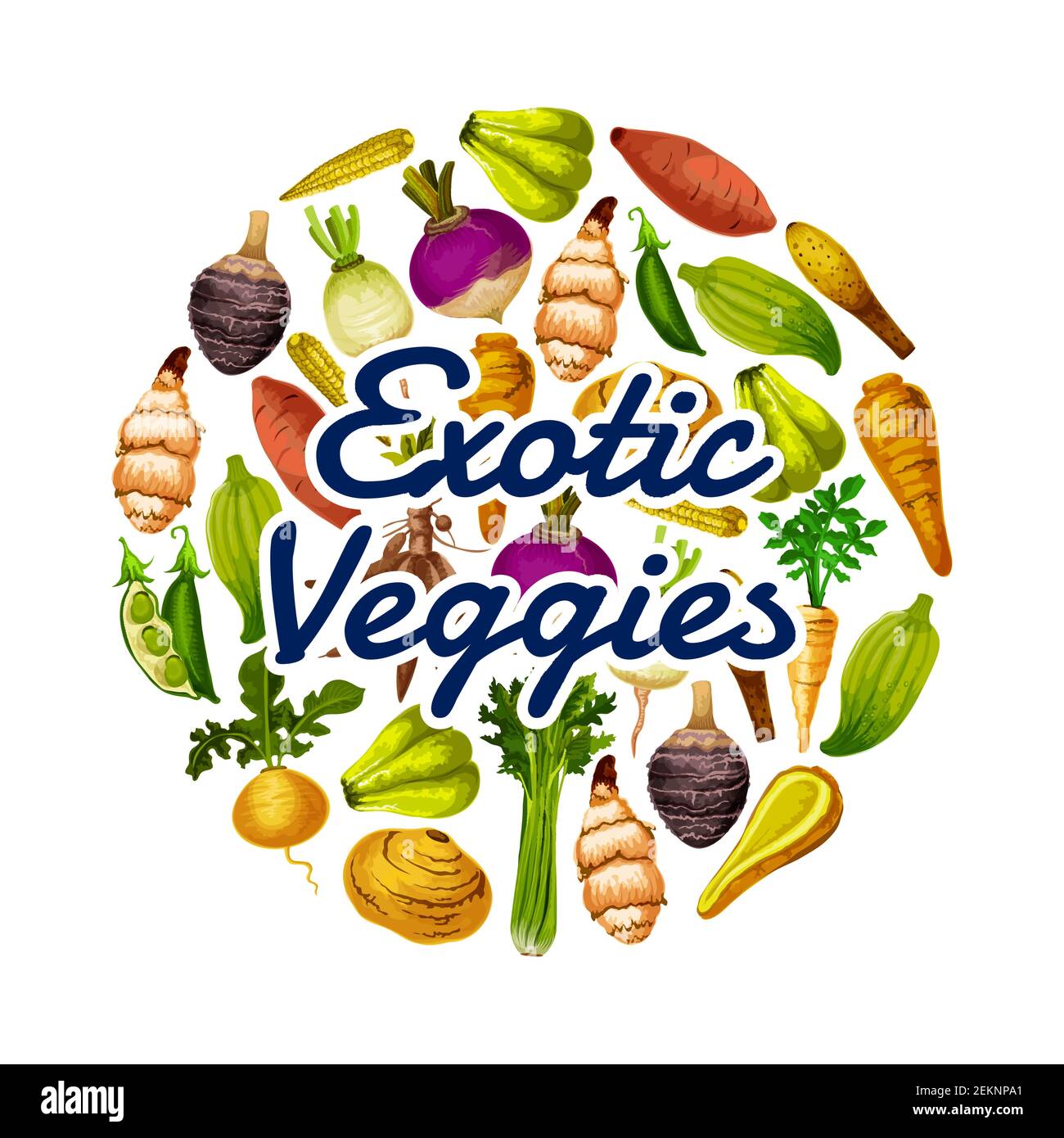 Exotic veggies icon, healthy food. Vector peas and chayote, horseraddish and beet, celery and turnip, parsnip and swede, mini corn and rutabaga, cassa Stock Vector